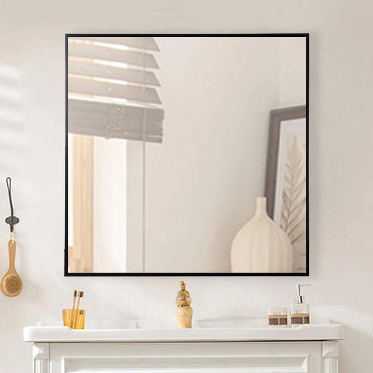 Functional 60×60 Square Aluminum Mirror with Black Frame Sophisticated