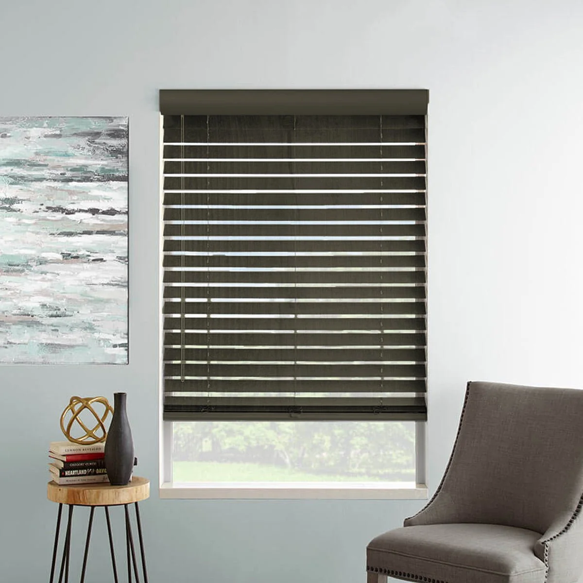 Safe Horizontal Faux Wood Cordless PVC Blinds Brown Fashionable