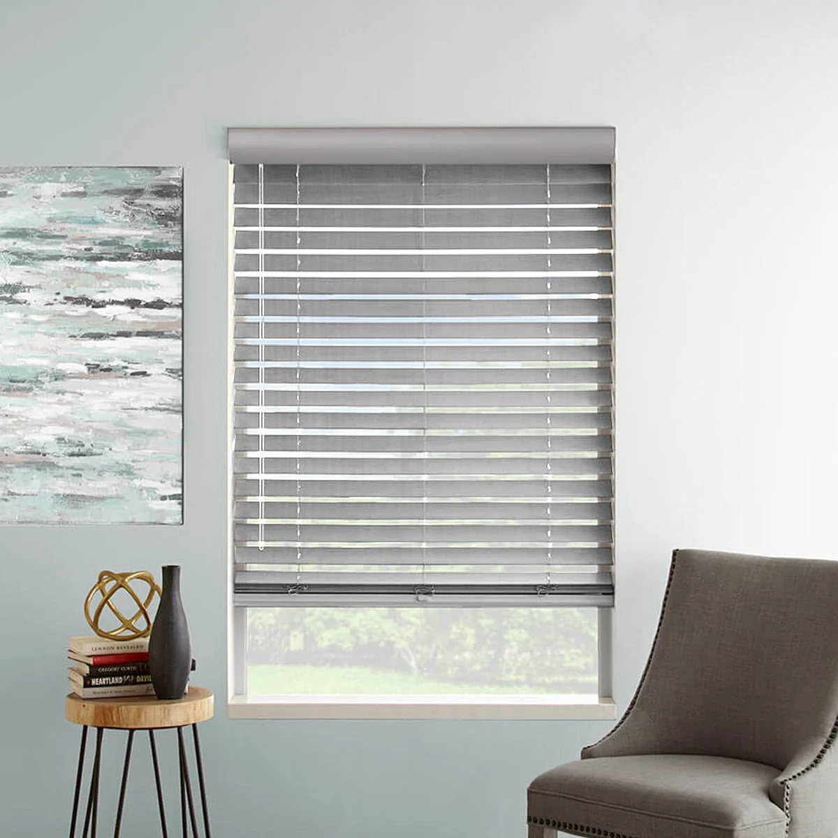 Detailed Horizontal Faux Wood Cordless PVC Blinds Grey Easy-to-Use