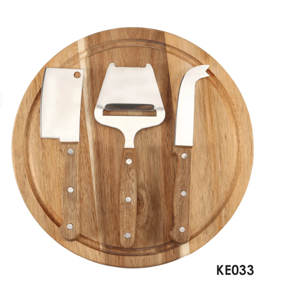 Top-Quality 4 Piece Round Acacia Wood Cutting Board with Cheese Knives Green