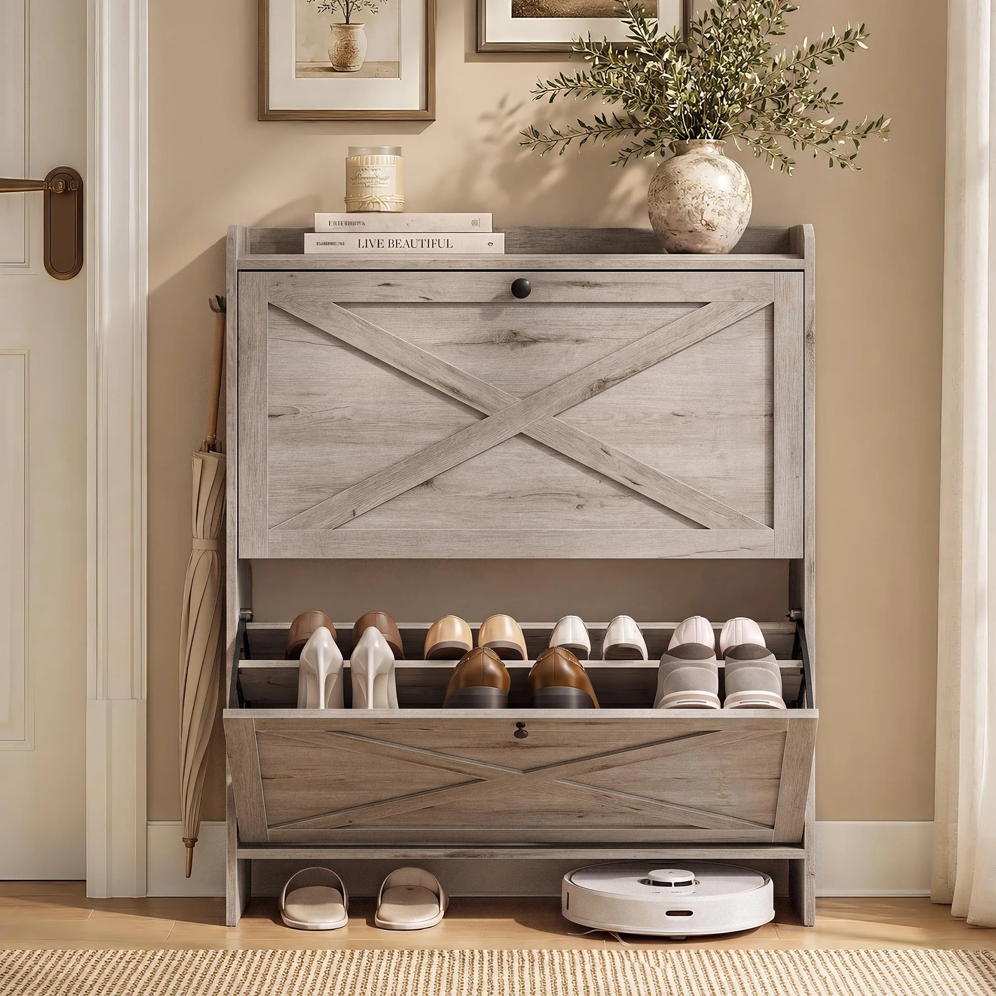 Minimalist VASAGLE VASAGLE Shoe Storage Cabinet Organizer with 2 Flip Drawers standing Narrow Shoe Rack Cabinet for Entryway Farmhouse Style Outstanding