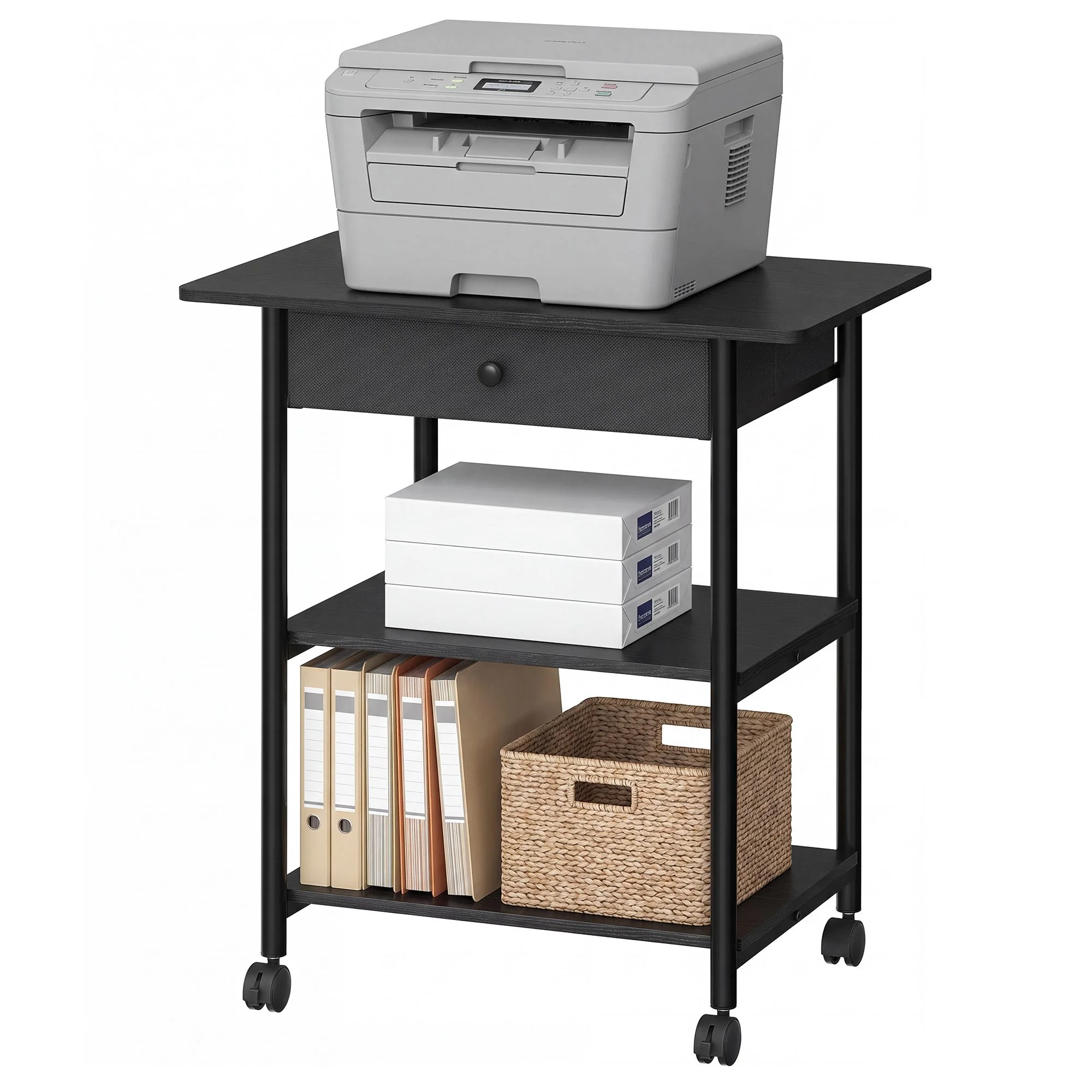 User-Friendly SONGMICS HOME SONGMICS HOME 3-Tier Printer Stand Locking Wheels Drawer Printer Table Industrial Under Desk Mobile Cart for Home Office 2 Storage Shelves Next-Generation