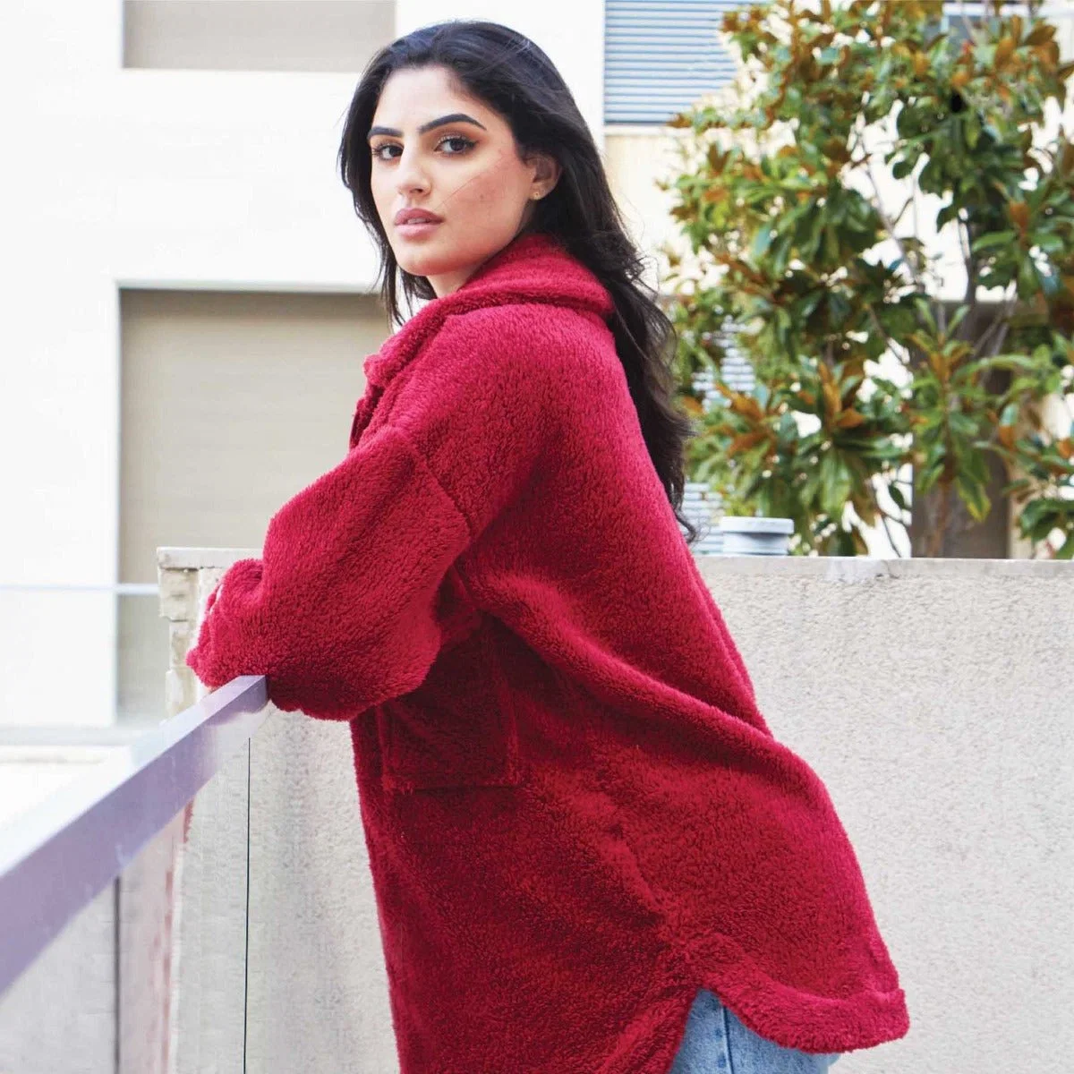 Innovative Collar Sherpa Oversized Jacket With Zipper Excellent