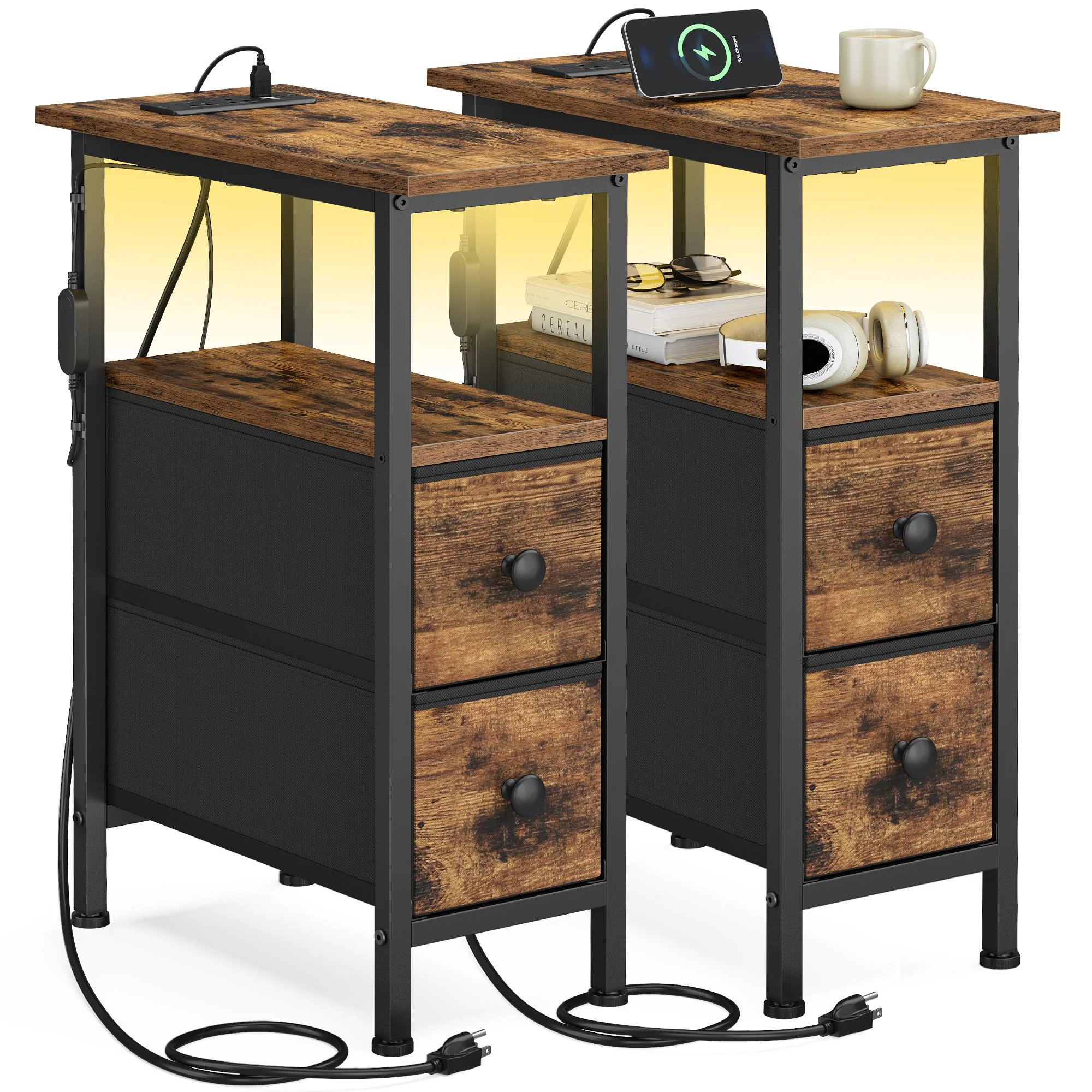 Lightweight SONGMICS SONGMICS Side Table with LED Light Narrow End Table with 2 Drawers Nightstand with Charging Station Bedside Tables for Small Space Living Room Reusable