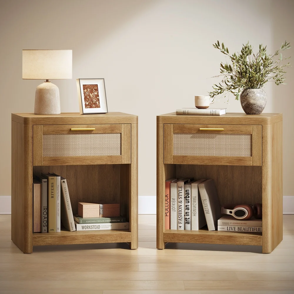 Natural VASAGLE ELLAN Collection – Boho nightstand with drawer and open shelf Fast