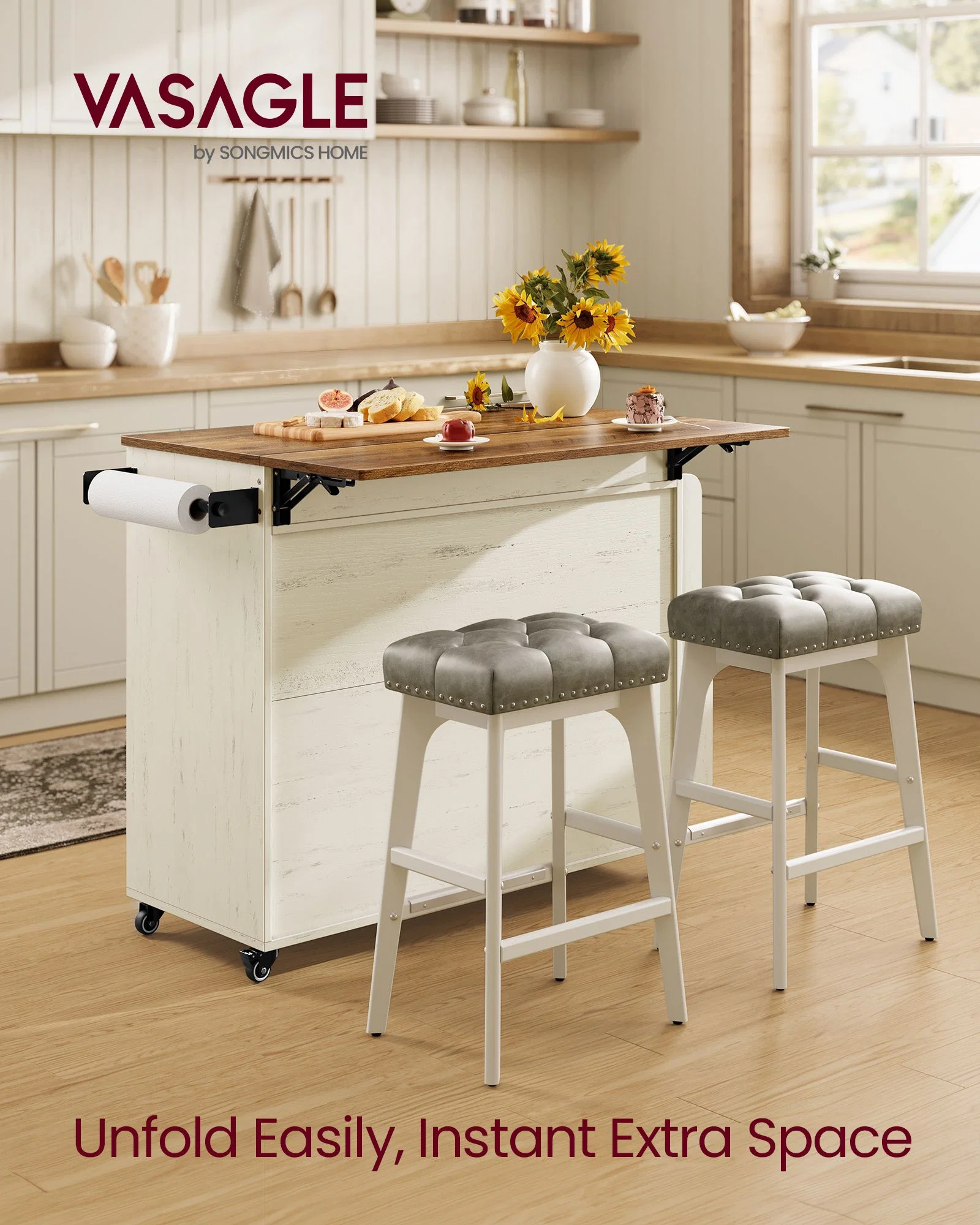 Verified VASAGLE VASAGLE Mobile Kitchen Island with Drop Leaf Portable Island with Spice Rack Lightweight