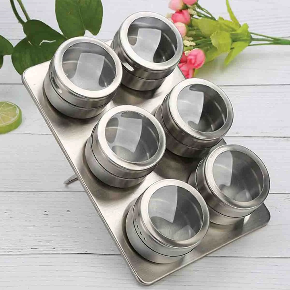 Natural A LA CUISINE – 6pcs tin spice jar with window lid and metal stand 100ml Specialty