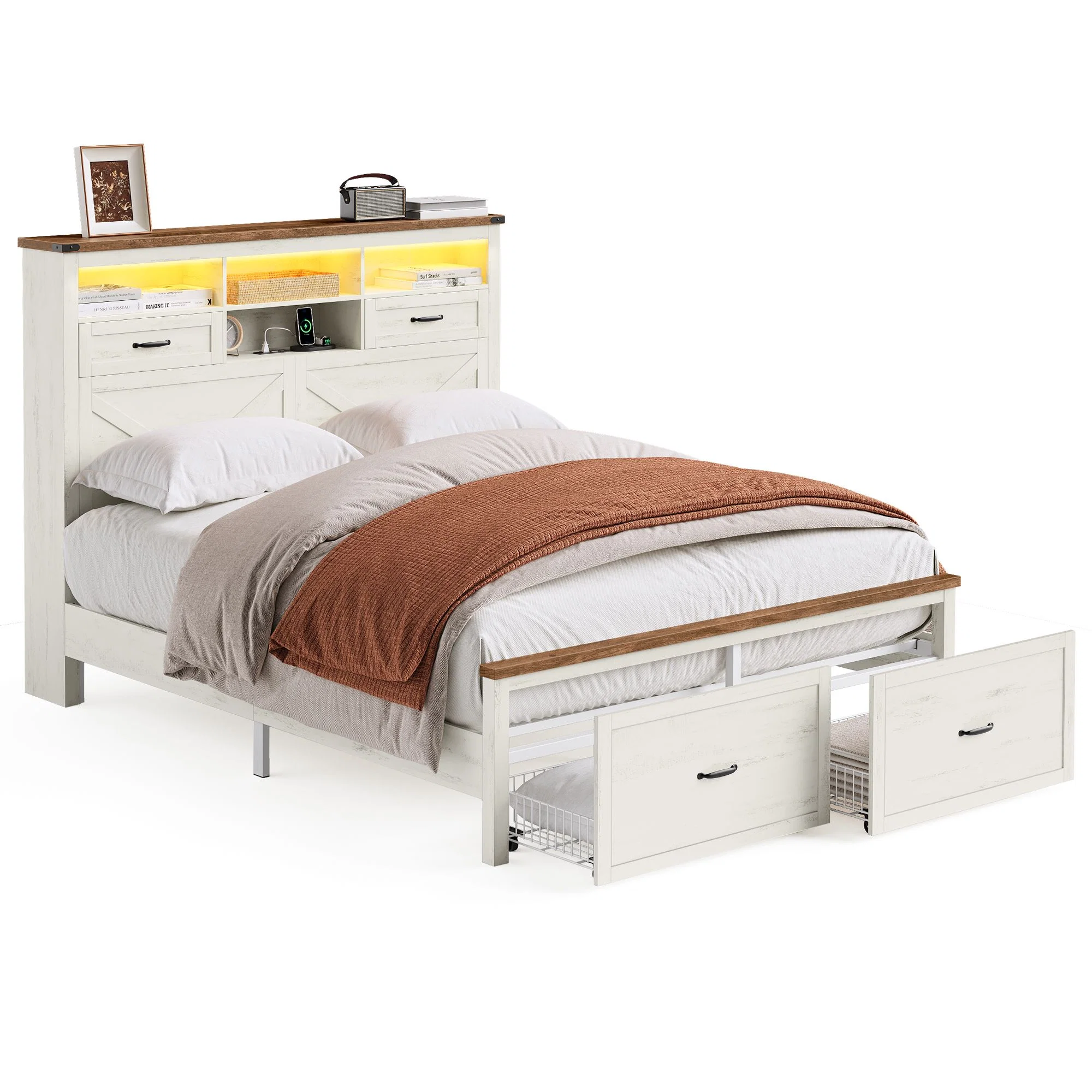 Natural VASAGLE VASAGLE Queen Bed Frame with Storage Headboard Specialty