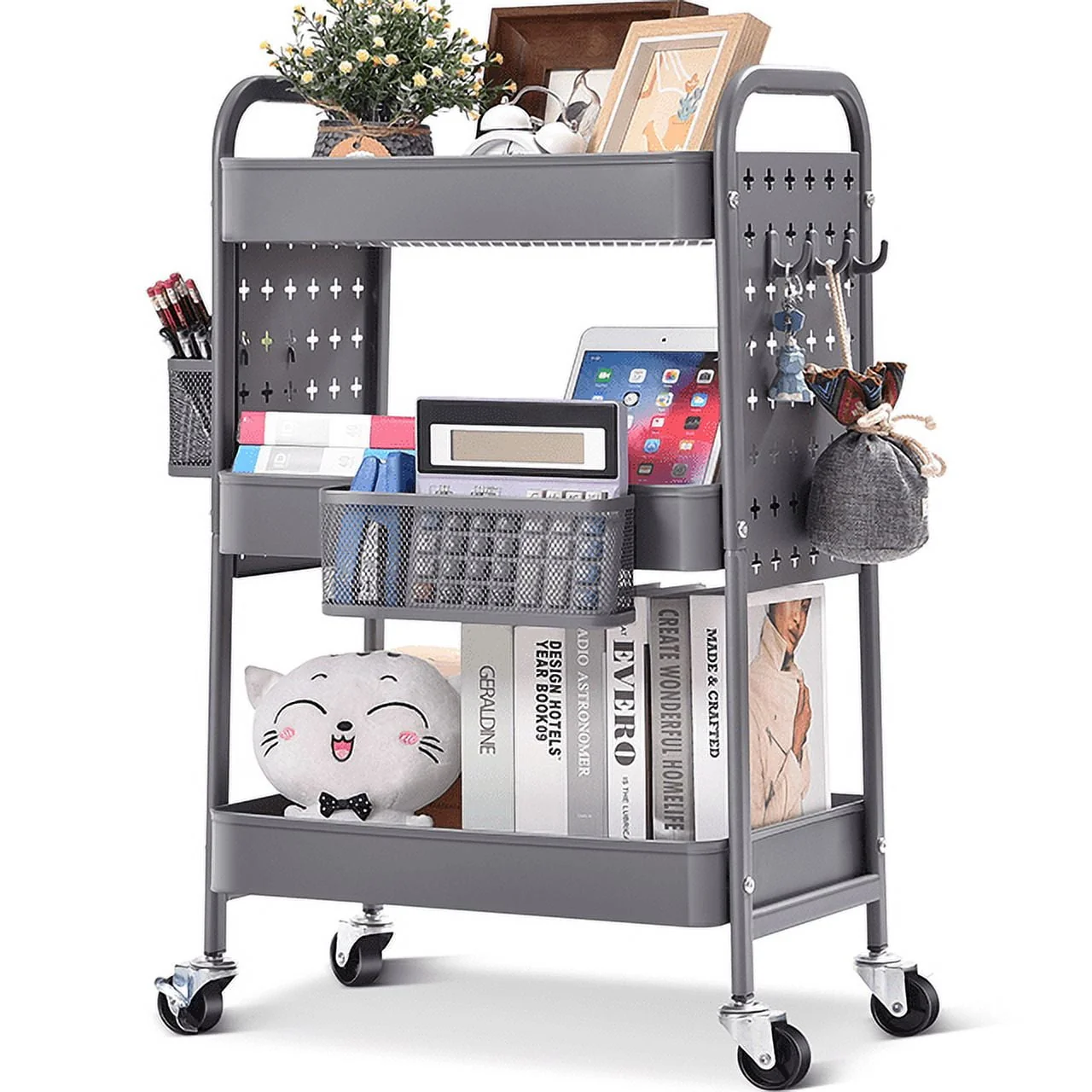 High-Quality TOOLF 3-Tier Rolling Cart Utility Storage Cart with DIY Dual Pegboards Organizer Serving Trolley Pink WK830573-G Classic