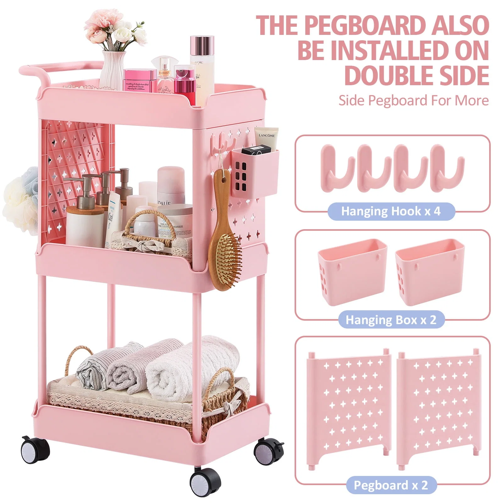 Expertly Made KK KINGRACK 3-Tier Kitchen Rolling Storage Cart Bathroom Shelf Organizer with Wheels for Home Storage Pink RY810302-P Comfortable