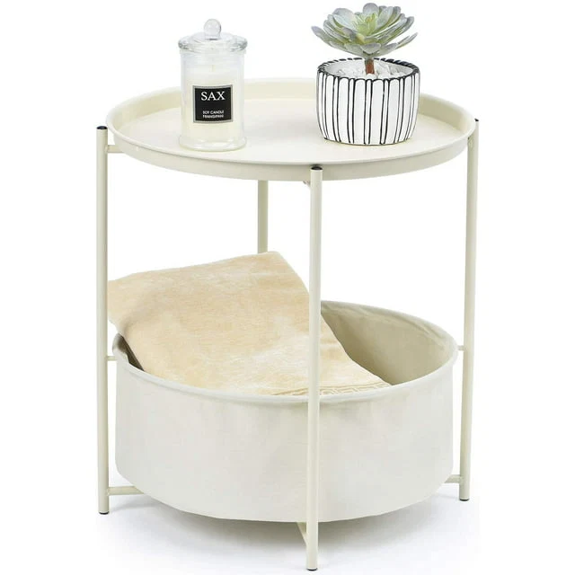 Enhanced Kingrack Round End Table Sofa Side Table with Storage Basket Coffee Round Table Small Bed Nightstand for Living Room Bedroom Cream WK131033-BGWT Luxury