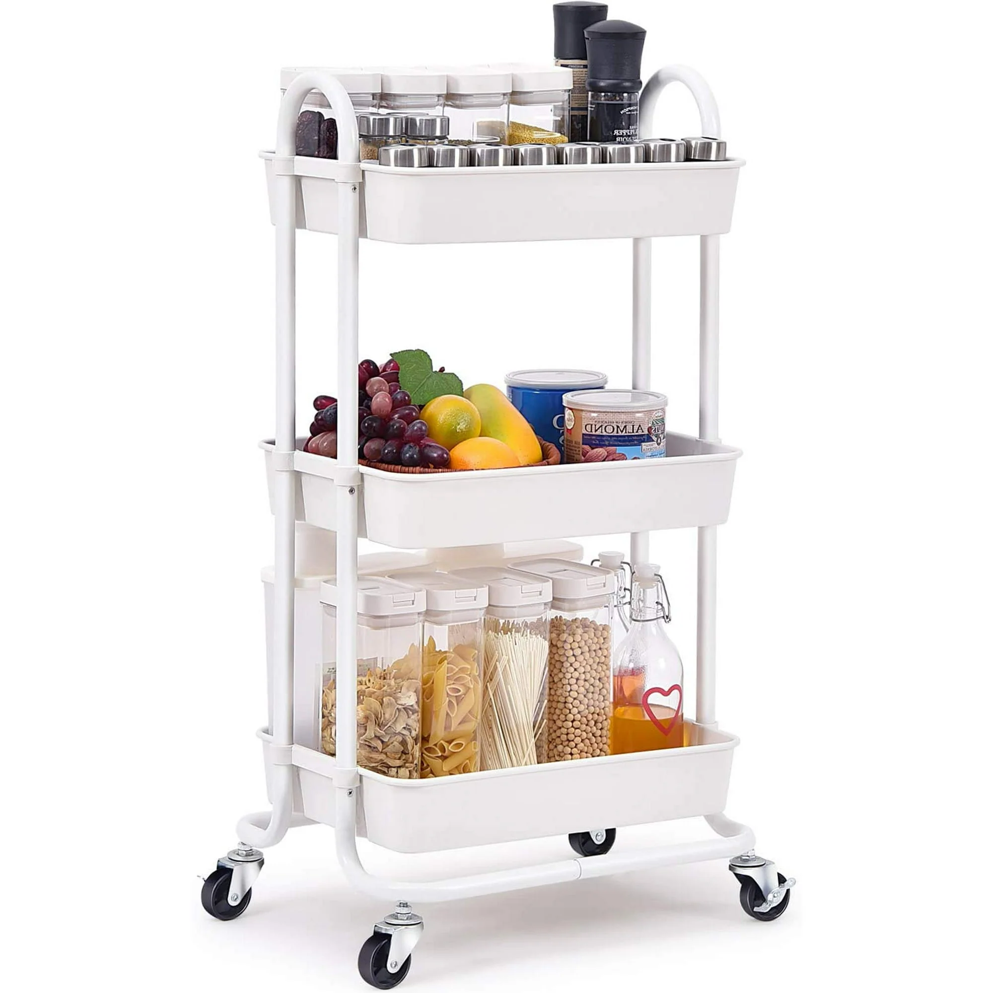 Soft Kingrack Utility Rolling Cart with Lockable Wheels Multi-Purpose Storage Organizer Organizer Trolley with Handles Serving Trolley with Mesh Basket White，WK830161-1 Classic