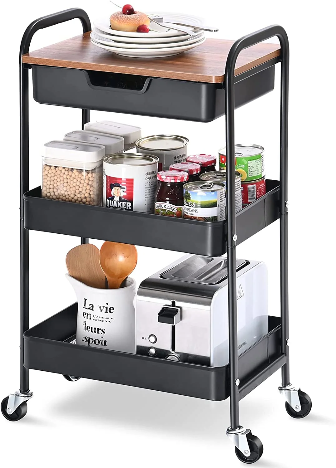 Enhanced KINGRACK 3-Tier Utility Rolling Cart with Wooden Board and Drawer Metal Storage Cart with Handle White Trolley Kitchen Organizer Rolling Desk with Locking Wheels for Office Classroom Home Bedroom WK830549-Black Excellent