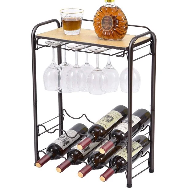Classic Kingrack 8 Bottle Wine Rack standing Floor Metal Wine Storage Shelf with Glasses Holder u0026 Table Top WK810229-1 Minimalist