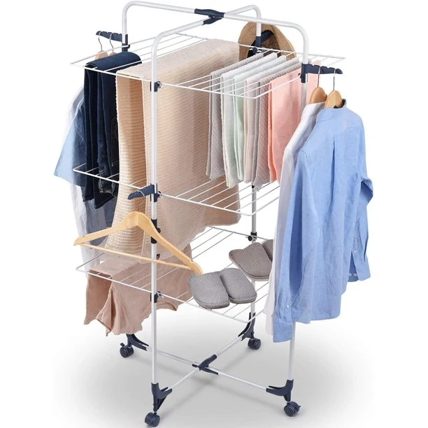 Innovative Kingrack Clothes Drying Rack 3-Tier Folding Indoor Laundry Drying Rack with Wheels 4 Hooks Metal White Healthy