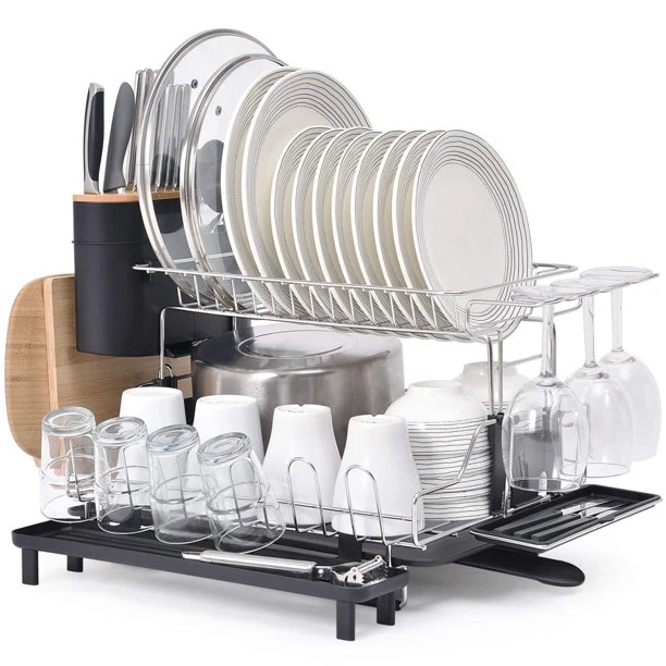 Versatile Kingrack 2 Tier Dish Rack 304 Stainless Steel Dish Drainer Large Capacity Dish Drying Rack with Stretchable Drip Tray WK810207-1 High-Grade
