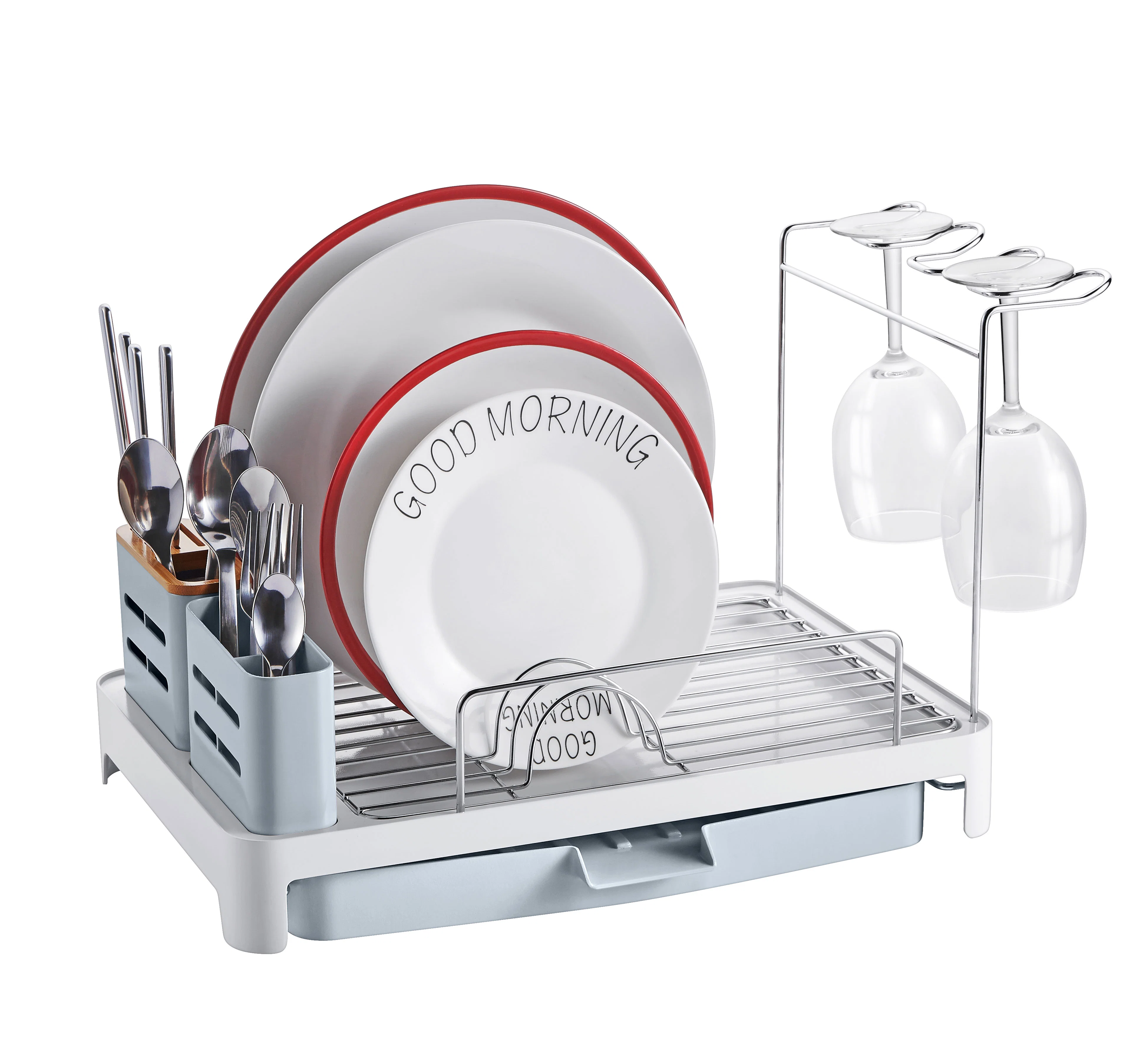 High-End Stainless Steel Rust 2-Tier Dish Drying Rack with Drain Board Wine Glass Holder WK112051 Durable