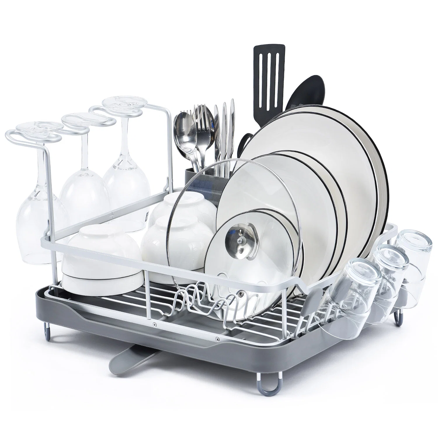 Powerful Aluminum Dish Rack with Unique 360° Swivel Spout Drain Board Design Cutlery Holder Removable Wine Glass amp Cup Holder Grey WK130899 Outstanding