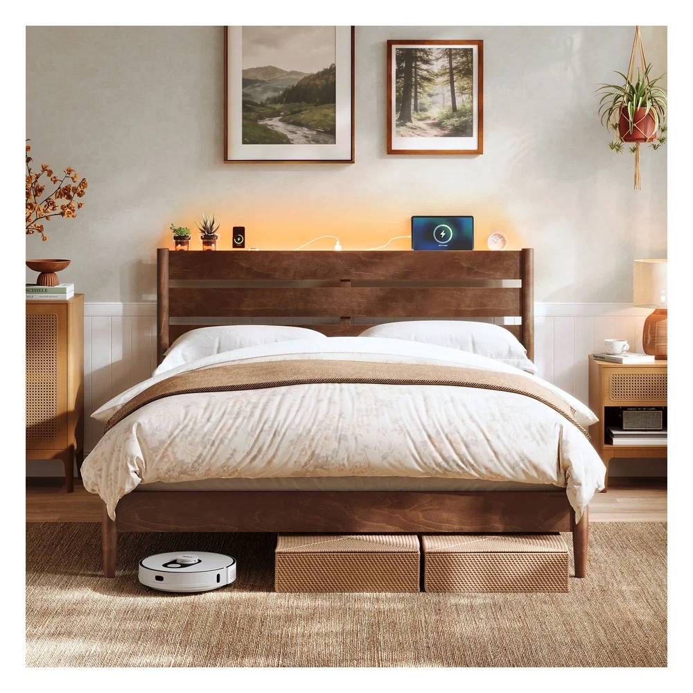 Authentic SONGMICS HOME Mid-Century Modern Bed Frame with LED Headboard u0026 Charging Station Functional