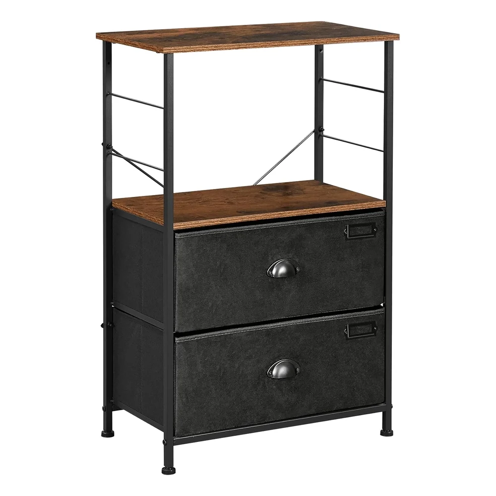 Modern SONGMICS SONGMICS Nightstand Industrial Bedside Table with 2 Fabric Drawers Storage Shelves Vertical Dresser Storage Tower with Wooden Top Metal Frame Labels Rustic Brown and Black ULVT03H Practical
