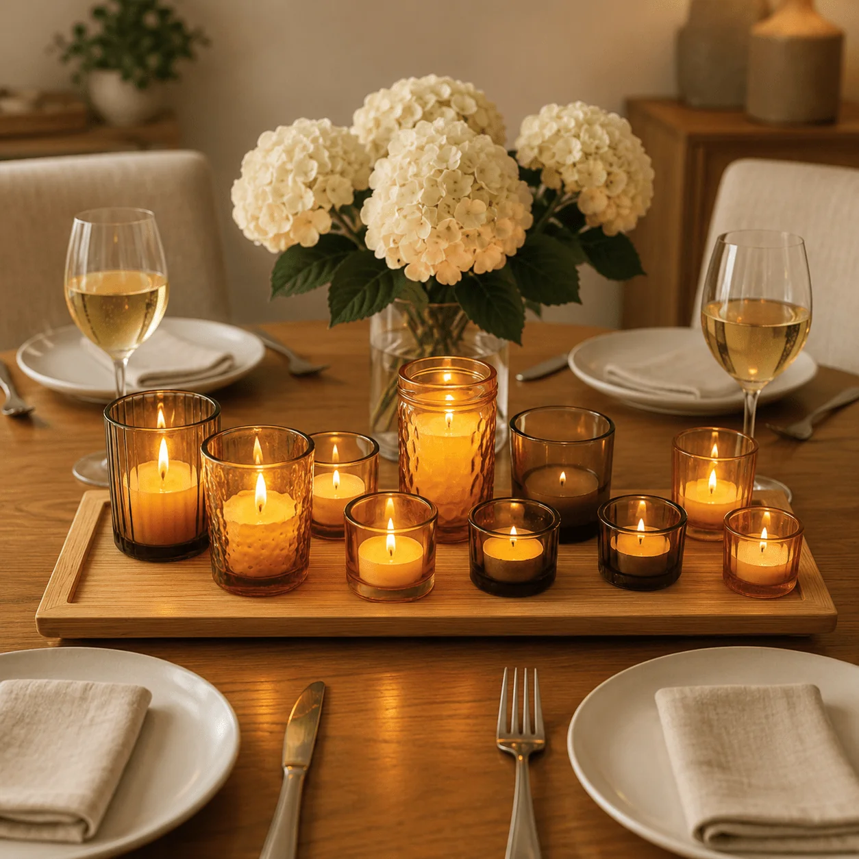 Contemporary Golden Khaki Glass Candle Holders on Wooden Tray – 9 Piece Set Dependable