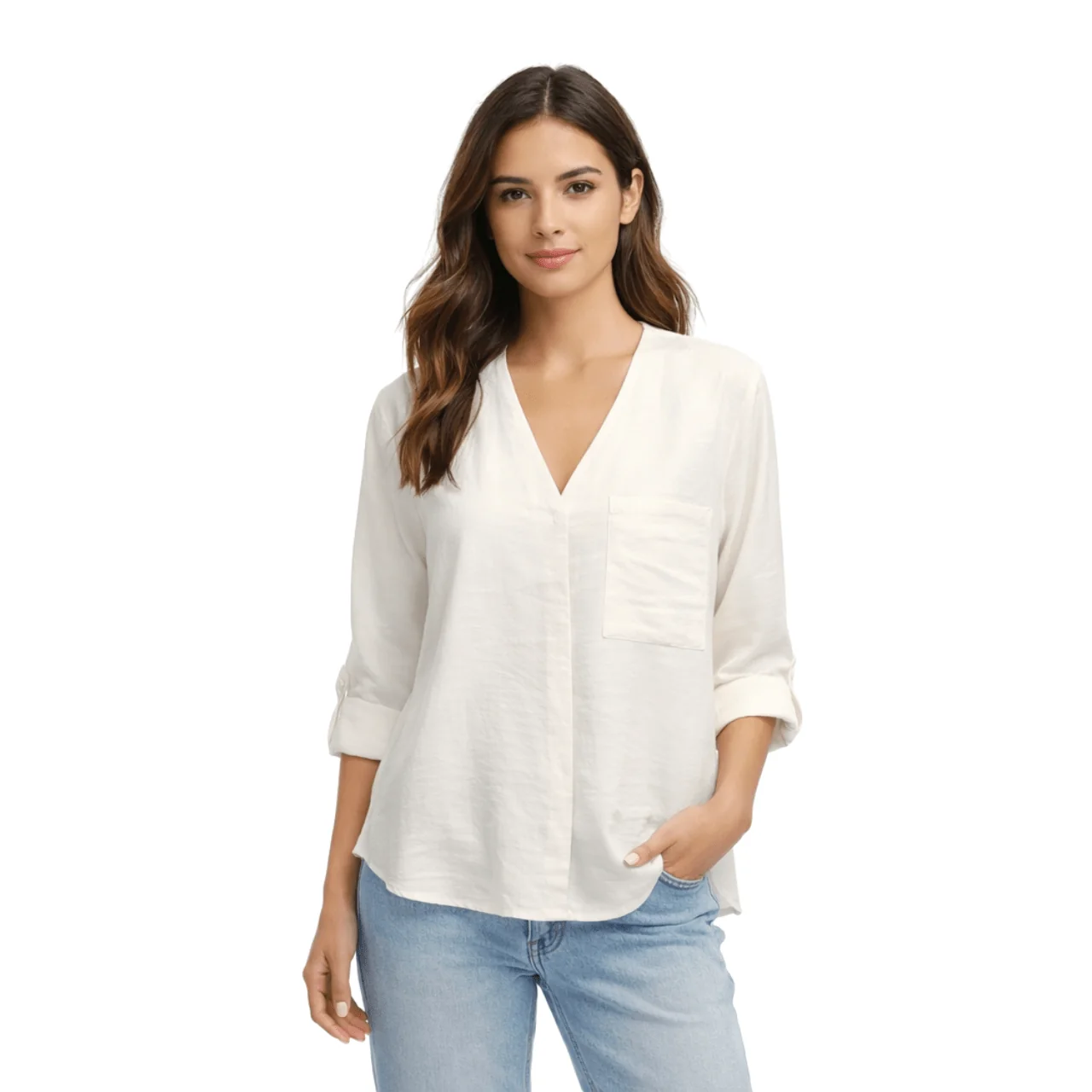 Top-Quality V-Neck Roll-Tab Sleeve Blouse Specialty