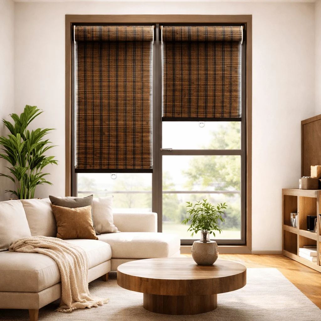 Smart Cordless Bamboo Roller Blind – Natural Light Filtering Shade Contemporary