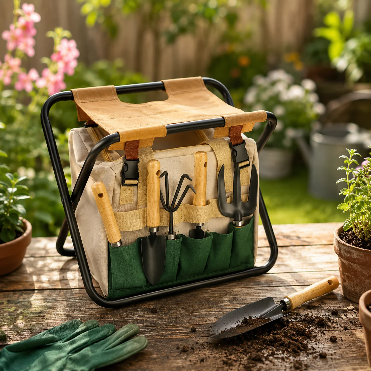Innovative Garden Folding Stool and Storage Bag Enhanced