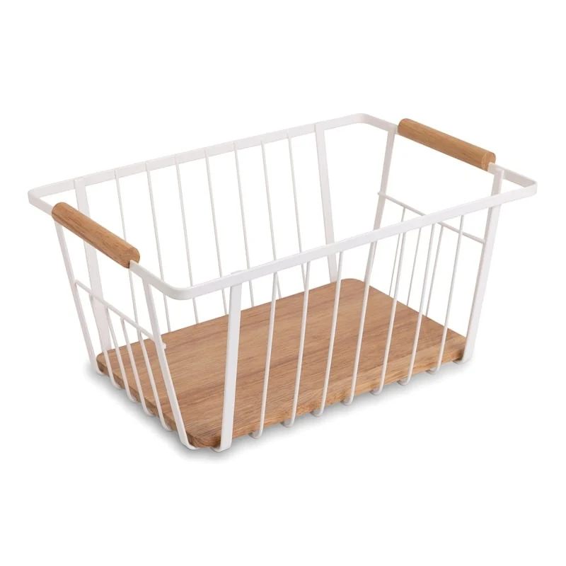 Long-Lasting WIRE BASKET W WOOD ACCENTS MEDIUM WHITE Expertly Made