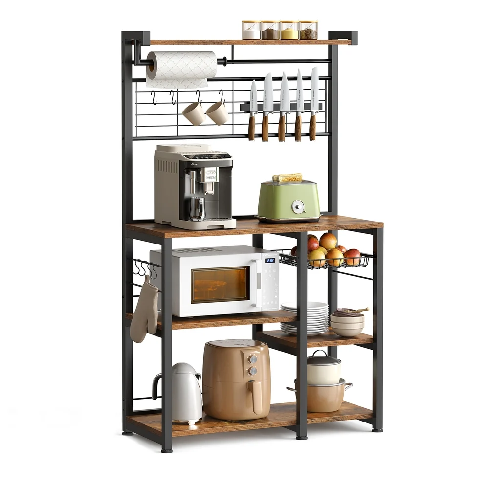 Solid VASAGLE Bakers Rack with Magnetic Knife Holder Basket and Hooks Functional