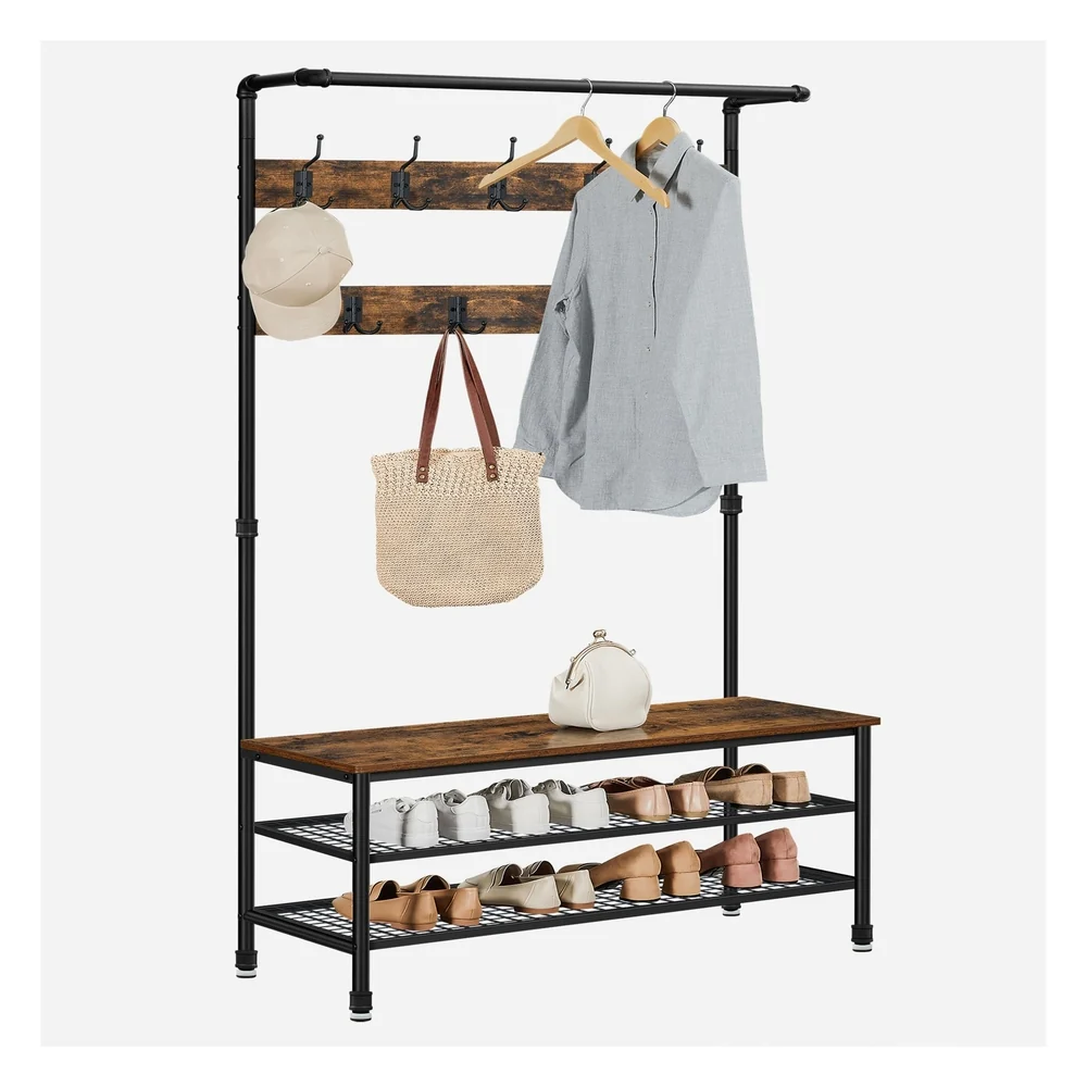 Prestigious VASAGLE Hall Tree with Shoe Bench 9 Hooks and Hanging Rod Detailed