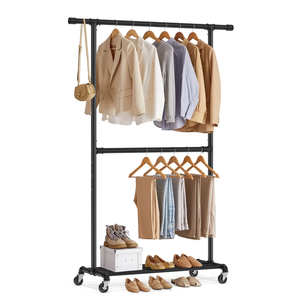 Genuine SONGMICS Double-Rod Metal Garment Rack on Wheels Stylish