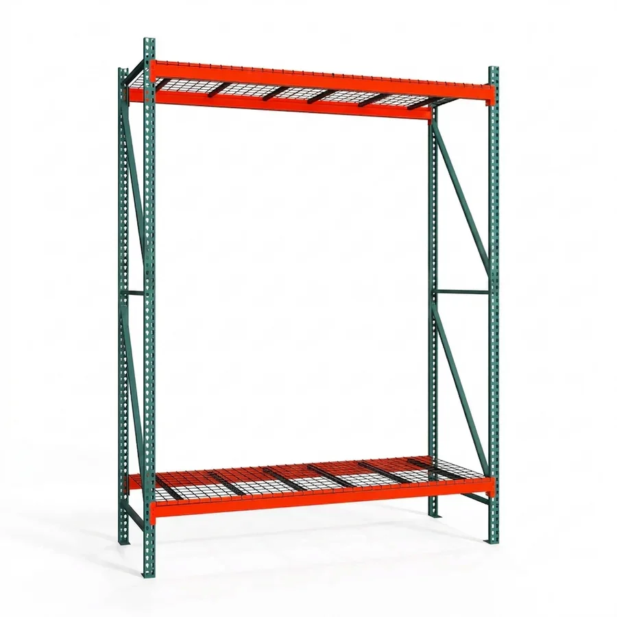 Reusable 2-Tier Teardrop Pallet Rack Starter Units w Wire Decking – Standard Duty – 36 quot d x 144 quot h Green