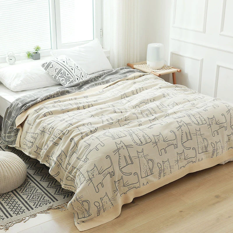 Easy-to-Use Ownkoti Cat Print Cotton Quilt Reversible Blanket Natural