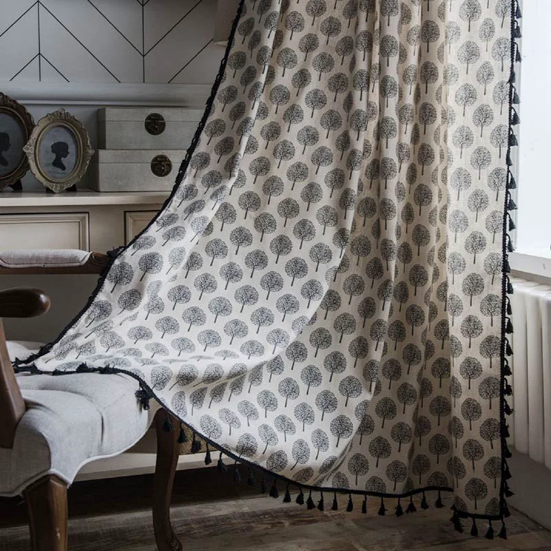 Exclusive Ownkoti Countryside Style Tree Cotton Linen Curtain Detailed
