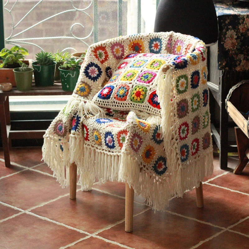 Classic Ownkoti Plaid Daisy Sofa Crochet Tassel Blanket Lightweight