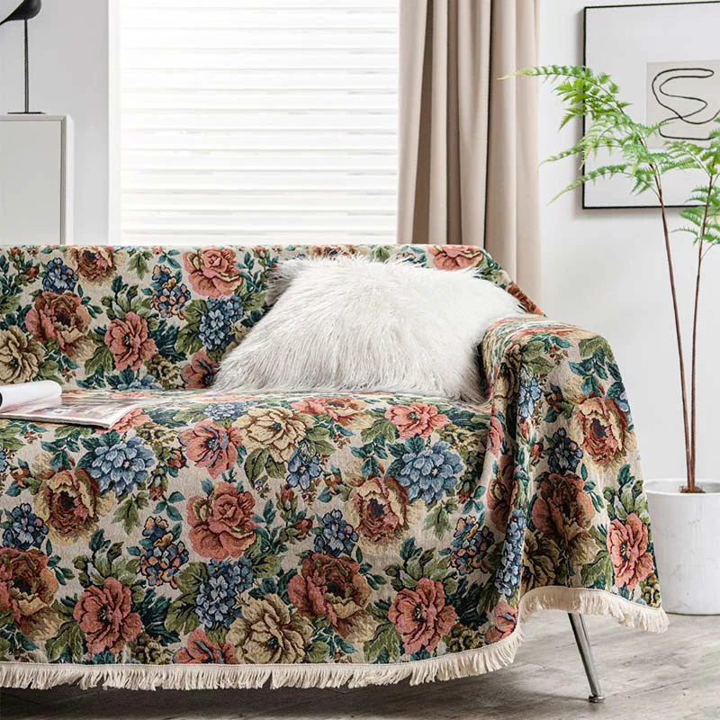 Unique Ownkoti Countryside Rose Print Tassel Sofa Protector Green