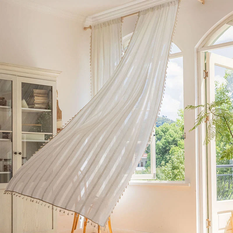 Excellent Ownkoti Stripe Semi-Blackout Curtain Hollow-Out Tassel Drapes First-Class