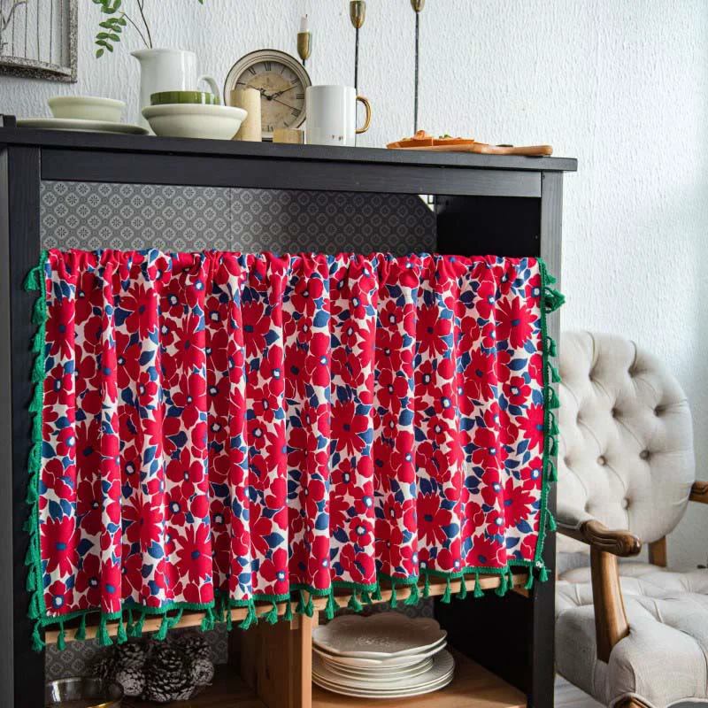Convenient Ownkoti Red Flower Print Tassel Tier Curtain Responsible