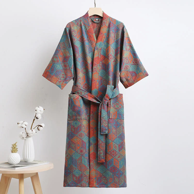 Excellent Ownkoti Rhombus Grid Cotton Bathrobe with Belt Relaxed