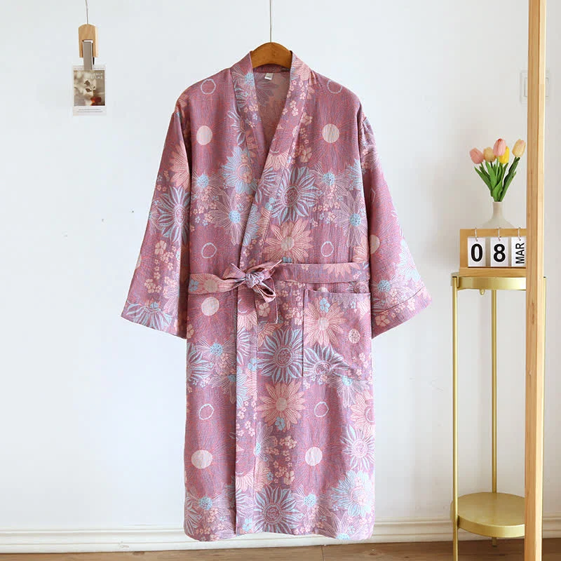 Healthy Ownkoti Floral Comfy V-neck Home Sleep Bathrobe Natural