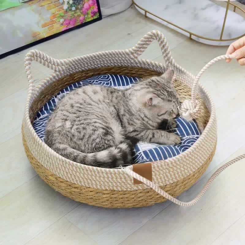 Optimized Ownkoti Handmade Woven Rattan Cat Bed Green