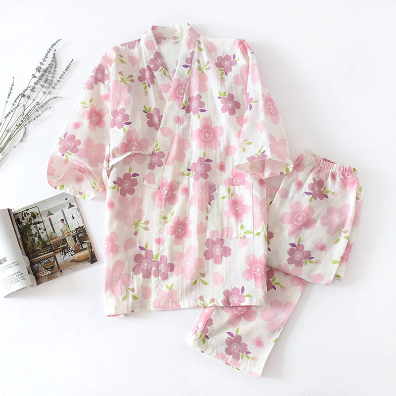 Trendy Ownkoti Cherry Blossom Cotton Gauze Pajama Set Responsible
