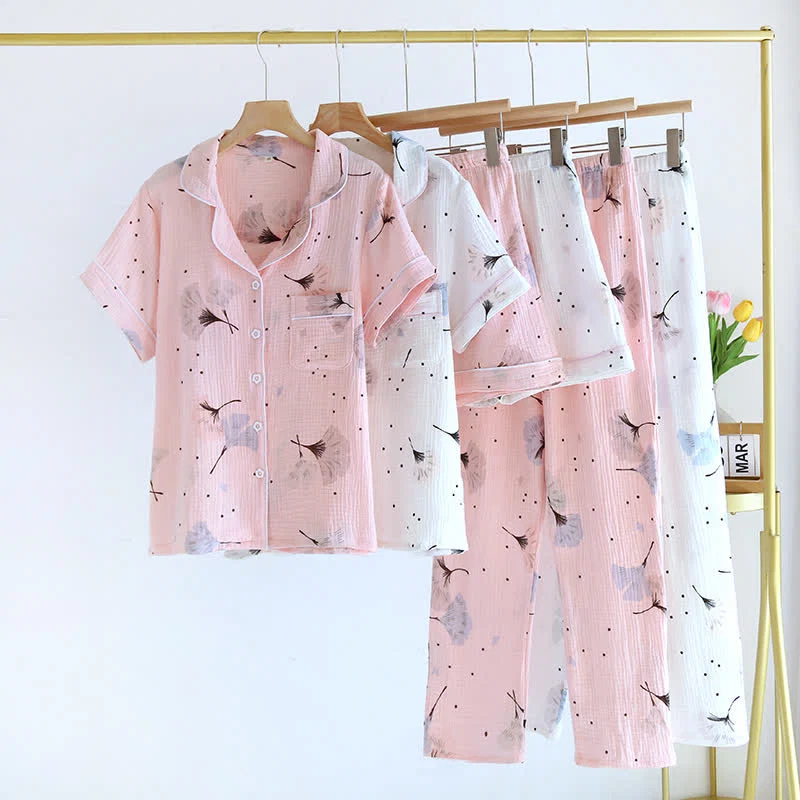 Durable Ownkoti Ginkgo Leaf Cotton Gauze Pajama Set 3PCS First-Class