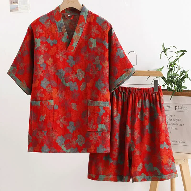 Next-Generation Ownkoti Rural Style Cotton Gauze V-neck Nightwear Set Casual