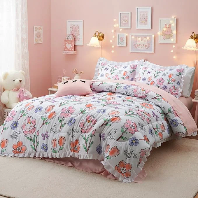 Next-Generation A Nice Night 6 Piece Comforter Set Bed in a Bag with Comforter amp Sheet Set Chic Cute Rabbits Bow Printed Bedding Sets Princess Ruffle Bedding for Kids Girls Full Green