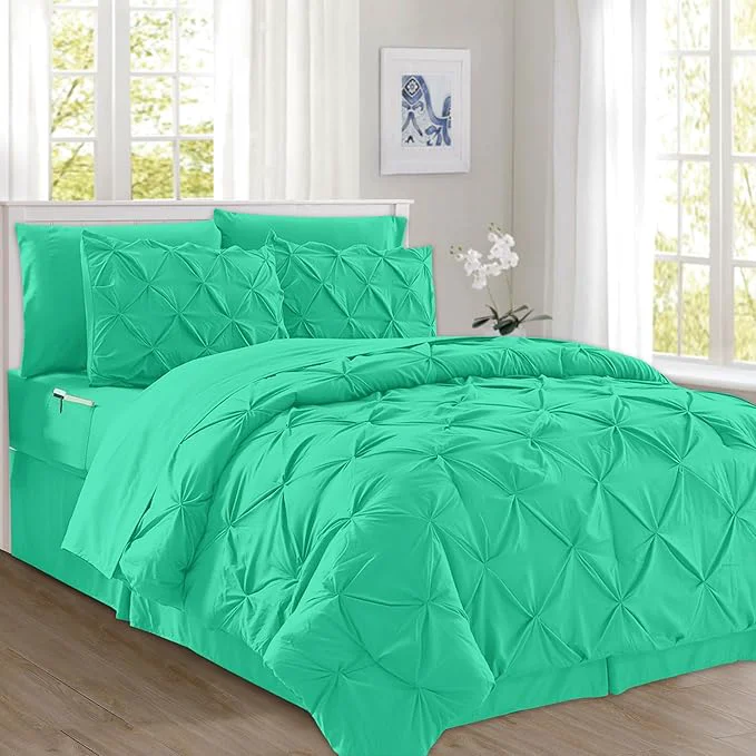 Next-Generation Elegant Comfort 8-Piece Pinch Pleated Comforter Set – All Season Complete Bed in a Bag Includes 4pc Smart Sheet Set Bed Skirt Comforter Matching Pillowcases and Shams Full Queen Paradise Teal Detailed