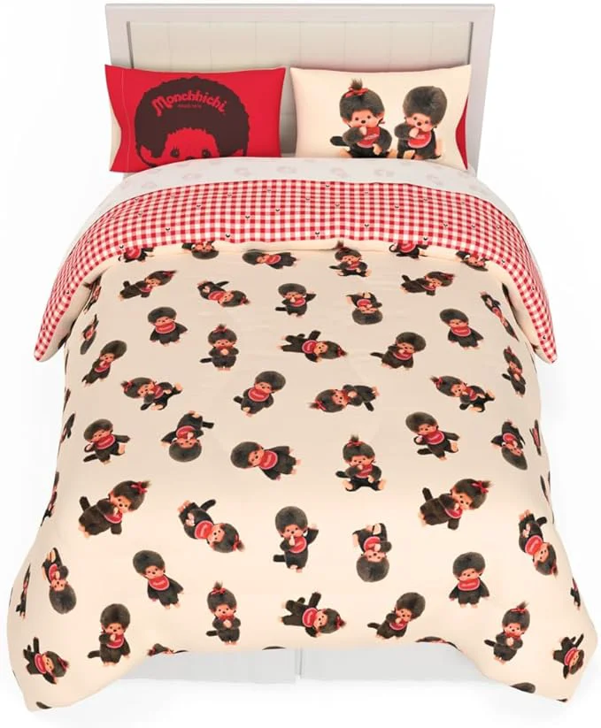 Relaxed Monchhichi Bedding 7 Piece Queen Bed Set Soft Cozy Nostalgia Reversible Comforter and Sheet Set with Sham ly Licensed Product by Franco Comfortable