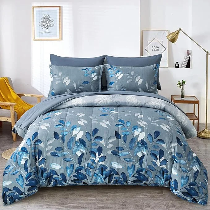 High-Grade Anibedding Blue Comforter Set Queen Size 7 Piece Navy Botanical Gradient Leaves Ultra Soft Microfiber Down Bedding Set Lightweight Reversible Bed Comforter Set for All Season 90 quot x 90 quot Powerful
