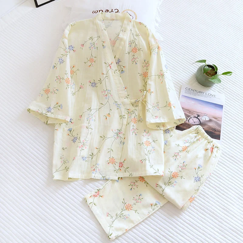 Sustainable Ownkoti Flower Cotton Gauze Kimono Pajama Set Versatile